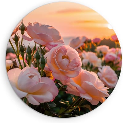 Saammp Muurcirkel Hout - Roze bloemveld - Natuur - Ø 90 - Wandcirkel - Wanddecoratie Cirkel - Muurdecoratie Woonkamer - Slaapkamer decoratie - Rond Schilderij