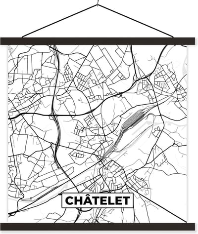 Posterhanger incl. Poster 60x60 cm - Schoolplaat - België – Châtelet – Stadskaart – Kaart – Zwart Wit – Plattegrond - Textielposter - Zwarte latten - Stadskaart