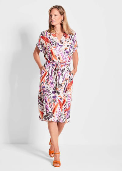 Gedessineerde jurk met verenmotief - meerkleurig / gedess. - Gr. 46 van Goldner Fashion