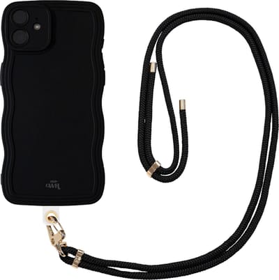 xoxo Wildhearts Wavy case Black with Cord - Geschikt voor iPhone 11 - Golvend hoesje met afneembaar koord - Hoesje met telefoonkoord - Telefoonhoesje met golven - Silicone case - Schokbestendig - Zwart