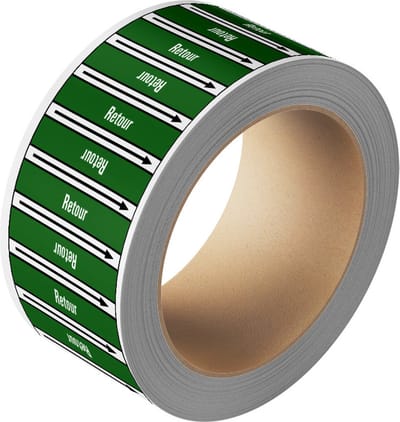 Retour leidingmarkering op rol, 25 meter 75 mm