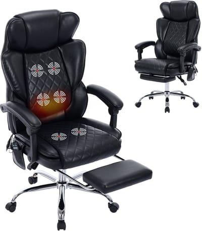 COLAMY Massagestoel bureaustoel met verwarming en 6 vibratiepunten, luxe computerstoel met voetsteun, 90-125° verstelbare hoge rugleuning voor comfortabel thuiswerken,zwart