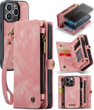 Caseme - Geschikt voor iPhone 15 Pro - Vintage 2 in 1 portemonnee hoes - Lichtroze