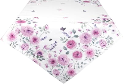 Clayre & Eef Tafelkleed 150x250 cm Wit Paars Katoen Rozen Tafellaken