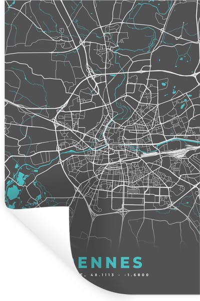 Muurstickers - Sticker Folie - Stadskaart - Kaart - Plattegrond - Frankrijk - Rennes - 20x30 cm - Plakfolie - Muurstickers Kinderkamer - Zelfklevend Behang - Zelfklevend behangpapier - Stickerfolie