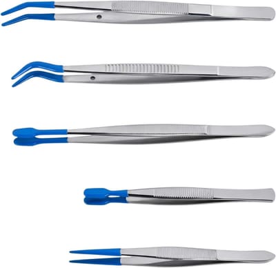 Precisie Pincetten Set - Vlakke en gebogen - Kleine Onderdelen Hanteren - Rubberen Anti-slip Punten - 5 Stuks - Blauw