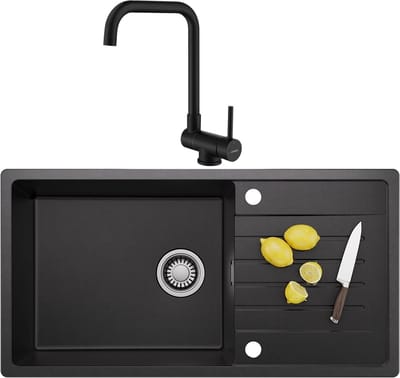 CECIPA MAX Granieten spoelbakken (86x45CM) - Spoelbak Keuken Met Keukenkraan - Wasbak Keuken Met Waterafvoersysteem en Afdruiprek - Zwart