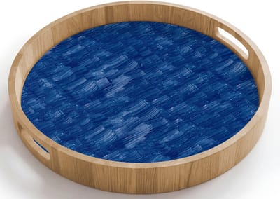 Dienblad rond 40x40 cm - Schootdienblad hout - Verf - Strepen - Blauw - Borrelplank rechthoek - Plateau houten dienbladen