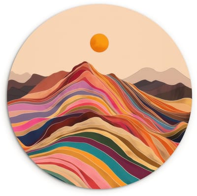 WallCircle® Wandcirkel 120x120 cm - Muurcirkel Zon - Kleurrijk landschap - Bergen - Muurdecoratie woonkamer - Wanddecoratie slaapkamer - Kamer decoratie accessoires - Ronde schilderijen XXL