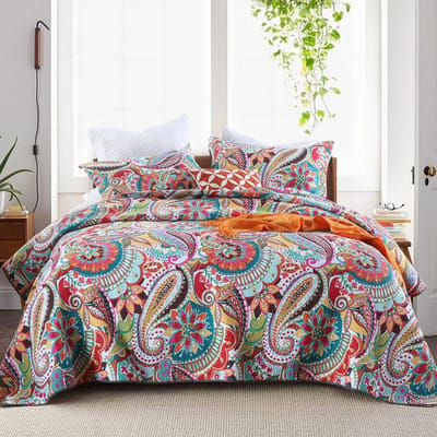 Famanu – Gewatteerde spreien zacht katoen oranje bloemen paisley patroon super king size sprei - prachtige patchwork quilt sprei met 2 kussenslopen voor alle seizoenen - cm