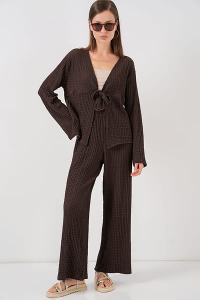 Gestructureerde V-hals Langwerpige Top & Flared Broek Twee-delige Set