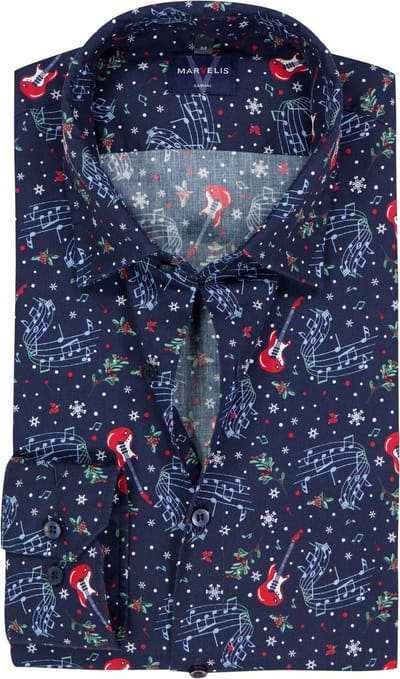 MARVELIS Casual modern fit Kerst overhemd - popeline - donkerblauw Kerst dessin