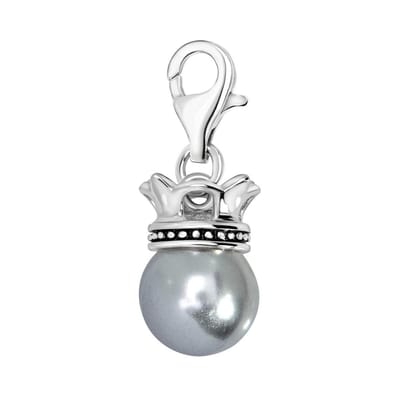 Quiges – Charm – Hanger - Parel Grijs met Kroon - Verzilverd - karabijnslot - geschikt - voor - Bedelarmband - QHC198