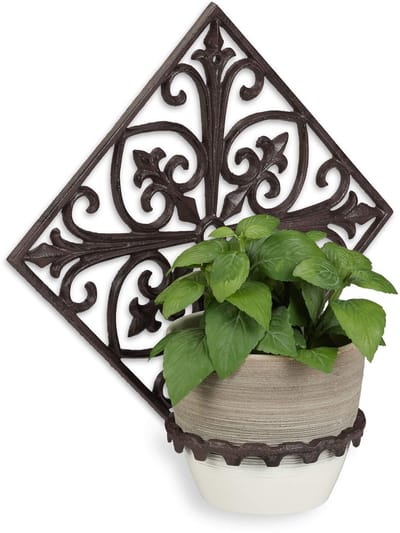 4x bloempothouder wand, gietijzer, antiek, pothouder muur, tuin, Ø 13 cm, decoratief versierd, donkerbruin