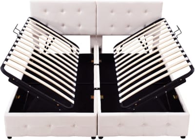 Gotagee Gestoffeerd bed 180x200 cm, hydraulisch opbergbed, hoog bedstee, multifunctioneel tweepersoonsbed, huidvriendelijke fluwelen stof, beige