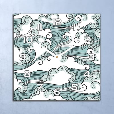 Coloray Wandklok - Winderige golven Klok Glas - 30x30 cm - Lichtblauw Wandklok - Wandklok Vierkant - Wandklok Scandinavisch - Wandklokken Woonkamer - Stille Wandklok
