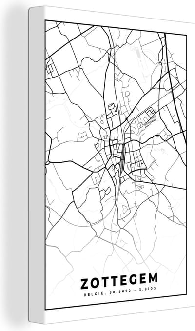 Canvas Schilderij Zwart Wit – België – Plattegrond – Stadskaart – Kaart – Zottegem - 20x30 cm - Wanddecoratie