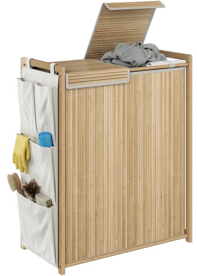 Wasmand - Bamboe wasmand - Met uitneembare waszak met trekkoord en opbergvakken aan de zijkant-120L - Naturel