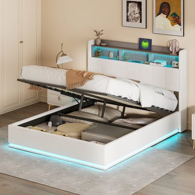 Hydraulisch opbergbed 160 x 200 cm, gestoffeerd tweepersoonsbed met ledverlichting en USB-oplaadfunctie, functioneel bedframe met opbergruimte en lattenbodem, witte flanel, zonder matras