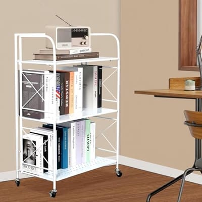 villertech Opvouwbare plank 3 lagen, opvouwbare boekenplank, opvouwbare plank, metalen opvouwbare opbergplanken met wielen, opvouwbare plank voor woonkamer, keuken, studeerkamer, 12,6" D x 23,6" B x