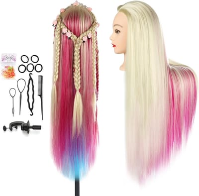 Professionele Oefenpop voor Kappers, 26-28 Inch, Zacht 100% Synthetisch Haar met Styling Accessoires en Ondersteuning
