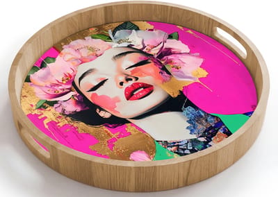 Dienblad rond 40x40 cm - Schootdienblad hout - Bloemenkroon - Goud - Vrouw - Portret - Borrelplank rechthoek - Plateau houten dienbladen