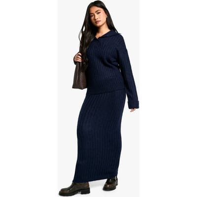 boohoo Dames Zacht gebreide trui met dikke ribkraag detail en maxi rok set | Navy | Maat: Small