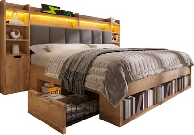 180x200 cm tweepersoonssysteembed, eikenkleurig, gestoffeerd hoofdeinde met ledverlichting, nachtkastjes met USB- en Type-C-aansluitingen, opbergruimte en rollade, houten lattenbodem (zonder matras)
