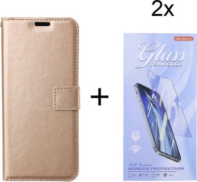 Bookcase Geschikt voor: Samsung Galaxy A05s Goud - Portemonnee hoesje met 2 stuk Glas Screen protector - Book Cover