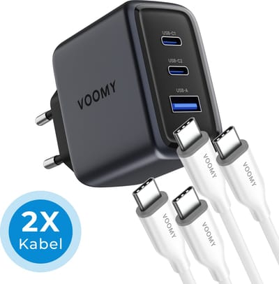Voomy USB C Lader 65W - Oplader - Snellader met 2 Oplaadkabels - USB C Adapter - Universeel - 2 USB C & 1 USB A Poort - Geschikt voor Laptop, telefoon, tablets en meer - Space Grey