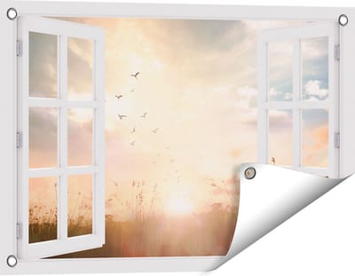 Gards Tuinposter Doorkijk Silhouet Vogels tijdens Zonsopkomst - 60x40 cm - Tuindoek - Tuindecoratie - Wanddecoratie buiten - Tuinschilderij