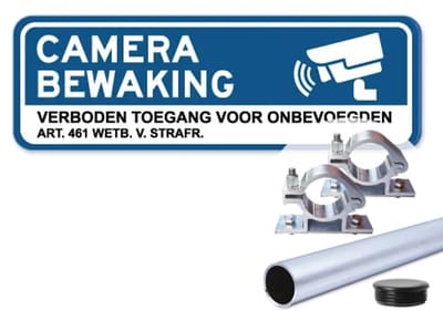 Bord Camerabewaking Verboden toegang - blauw - Weerbestendig Aluminium - 40x15 cm - Bevestiging: Met paal 120 cm + paalbeugels + paaldop