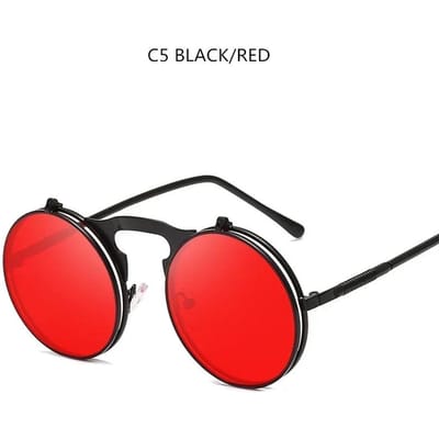 Lunettes de Soleil Circulaires Style Steampunk Circle Shades Gafas De Sol UV400 Femmes Hommes Métal Vintage Filp Circulaire Double Lentille Lunettes de Soleil red
