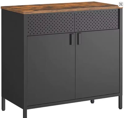 Metalen Bijzetkast Industrieel - Dressoir met Geperforeerde Deuren - Vintage Bruin & Zwart - 76 cm Hoog - Stabiele Buffetkast voor Woonkamer