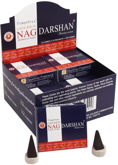 Vijayshree Golden Nag Darshan Masala Wierookkegels – 12 Pakketjes x 10 Kegels | Natuurlijke Dhoop Kegels, Handgerold in India, 60 min Brandtijd | Meditatie & Ontspanning met Kajal Sticker