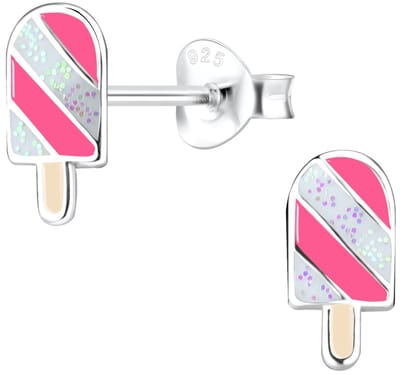 Joy|S - Zilveren ijsje oorbellen - ijslollie roze glitter wit