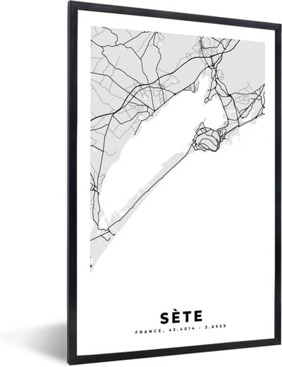 Fotolijst incl. Poster - Frankrijk – Sète – Stadskaart – Plattegrond – Kaart - 40x60 cm - Posterlijst
