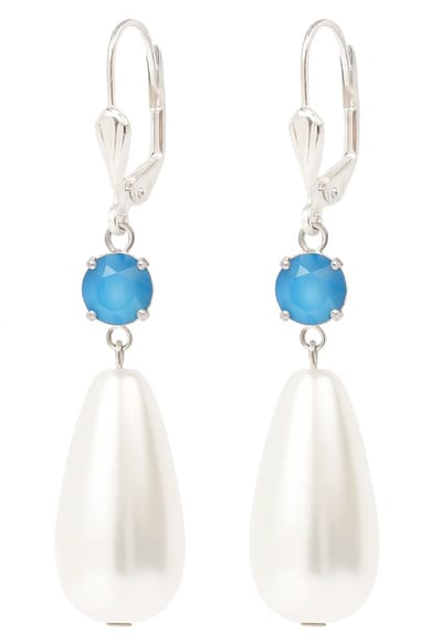 Zilver plating oorhangers met zwarovski-elementen druppelvormige parel en blauwe kristal steen