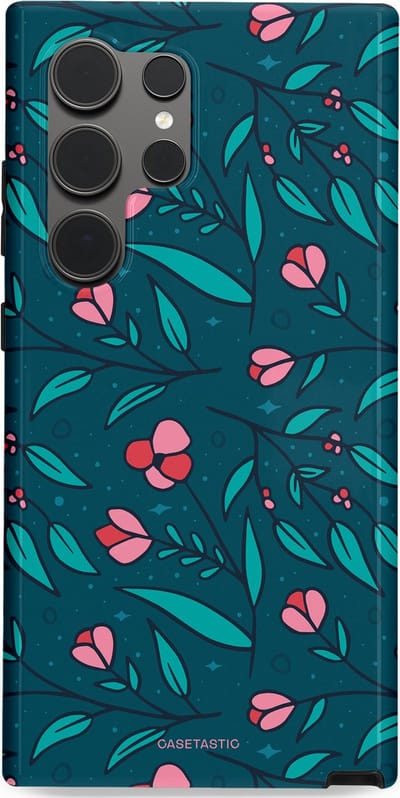 Casetastic hoesje geschikt voor Samsung Galaxy S24 Ultra - Dubbellaagse bescherming - Blauwe Groene Bloemenpracht - Fashion Case - Petrol Donkergrijs
