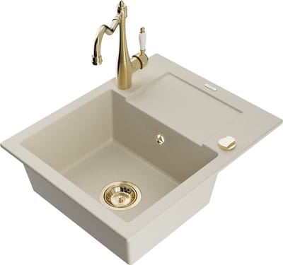 Mexen Enzo granieten spoelbak 1-komerig met afdruiprek en keukenkraan Carla, beige - 6506-69-670700-50
