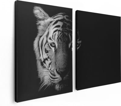 Artaza Canvas Schilderij Tweeluik Tijgerkop - Tijger - Zwart Wit - 120x80 - Foto Op Canvas - Canvas Print