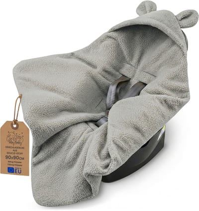 Warme boucle inbakerdeken voor autostoel en kinderwagen – Teddy babydeken dubbelzijdig met capuchon – premium voor de winter pasgeborene 90×90 cm Lichtgrijs