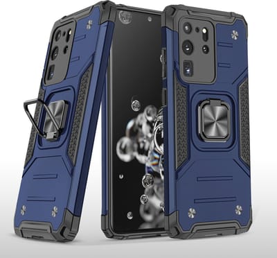 Hoesje Geschikt Voor Samsung Galaxy S20 Ultra Hoesje - Heavy Duty Armor hoesje Blauw - Galaxy S20 Ultra silicone TPU hybride hoesje Kickstand ringhouder met Magnetisch Auto Mount