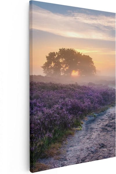 Artaza Canvas Schilderij Zonsopgang Heide - 20x30 cm - Klein - Wanddecoratie Pad - Muurdecoratie Bloemen - Kamer Accessoires Landschap