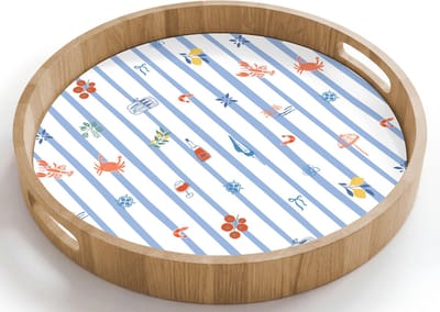 Dienblad rond 40x40 cm - Schootdienblad hout - Strepen - Blauw - Patroon - Zomer - Borrelplank rechthoek - Plateau houten dienbladen