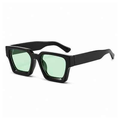 MoodLux Zonnebril Zwart - Unisex - Rechthoekig Montuur met Lichtgroene Glazen - Retro Festivalbril - UV400 Bescherming