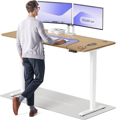 Desktronic HomePro Zit-sta Bureau Elektrisch In Hoogte Verstelbaar, 180x80 cm Massief Eiken/Wit, Stille Dubbele Motor, Hoogte 62-126cm