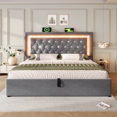 140x200 cm tweepersoonsbed - met LED-verlichting - voorzien van USB- en Type-C-oplaadstation - opbergruimte - grijs - zonder matras