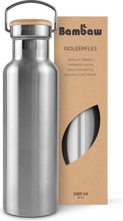 Bambaw® 1 Liter RVS Thermosfles - Isoleerfles, Dubbelwandig, Lekvrijen, loodvrij en Plasticvrij Geïsoleerde Fles met Bamboe Deksel voor Warme en Koude Dranken - Ideaal voor Reizen, Werk, Yoga, Wandelen en Dagelijks Gebruik - zilver
