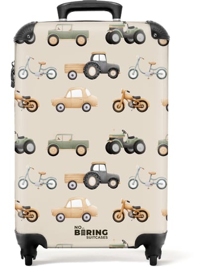 NoBoringSuitcases.com® - Kinderkoffer jongen - Kindertrolley jongens - Retro voertuigen patroon - Handbagage koffer lichtgewicht - Reiskoffer trolley kinderen - Rolkoffer met wieltjes - Past binnen 55x40x20 en 55x35x25